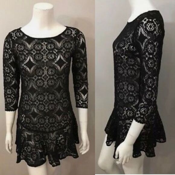 Free People Walking to the Sun Black Lace Mini Dress 0 Ruffle Sheer Tunic Top - Picture 6 of 16